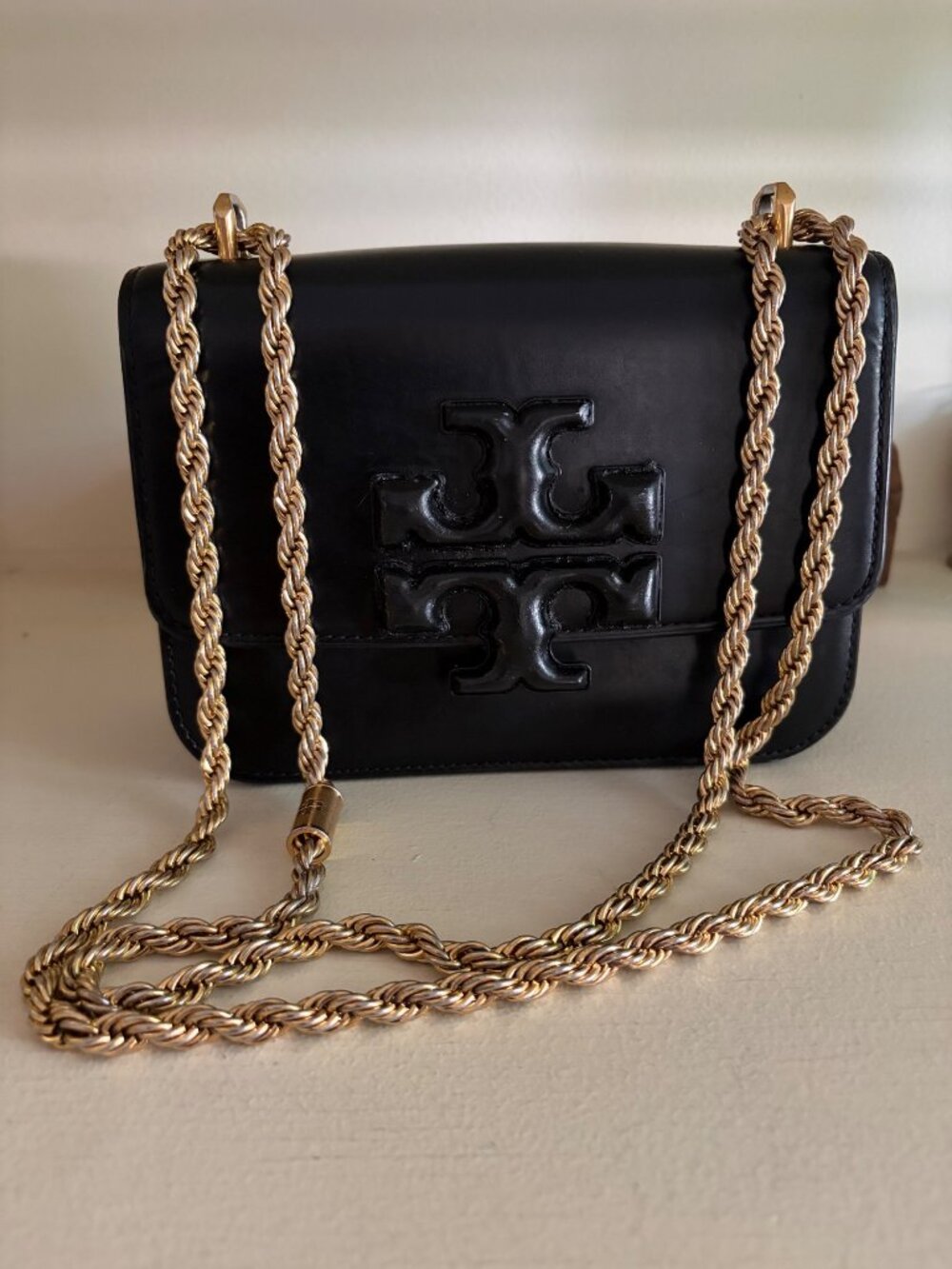Tory Burch Black Leather Huge "T" Logo Eleanor Shoulder Crossbody Bag Gold Chain